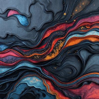 The primary subject of the image is a painting featuring a colorful, abstract design. The setting is a black background, which contrasts with the vibrant colors of the painting. The visual style is a combination of digital art and illustration, creating a unique and eye-catching piece of art. The dominant colors in the painting are red, orange, and blue, giving it a lively and energetic atmosphere.